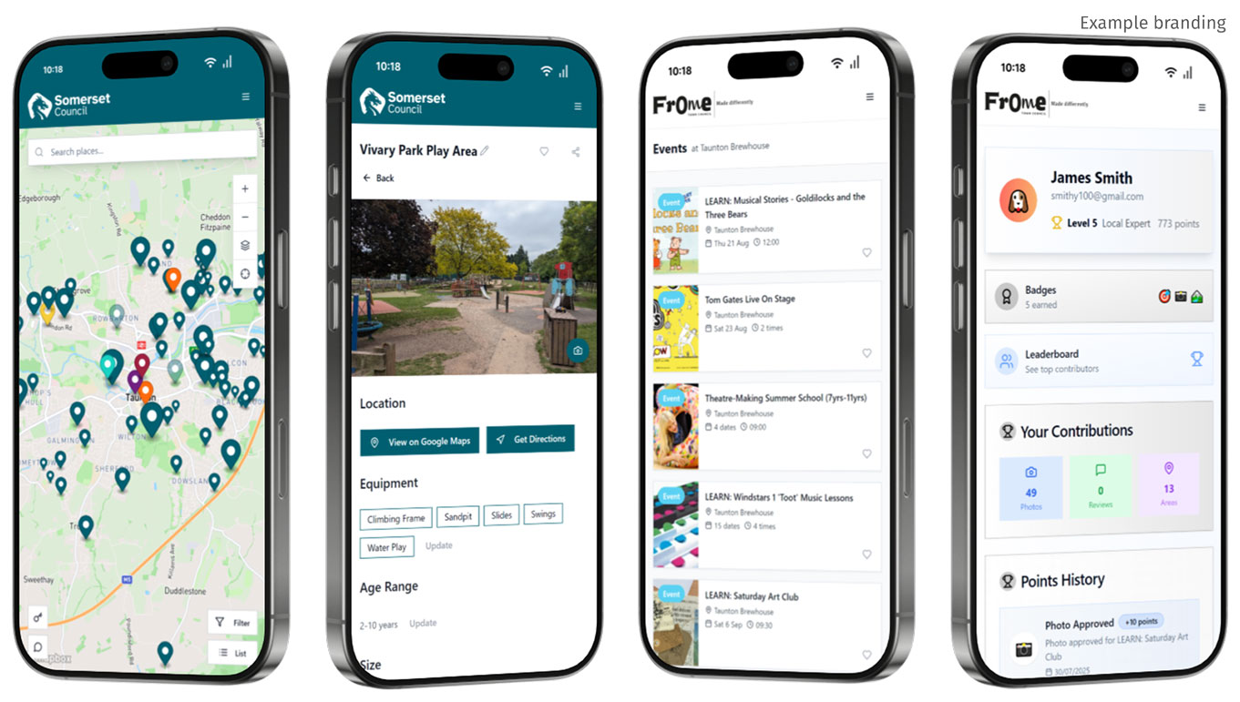 Mobile screens showing examples of council branded app