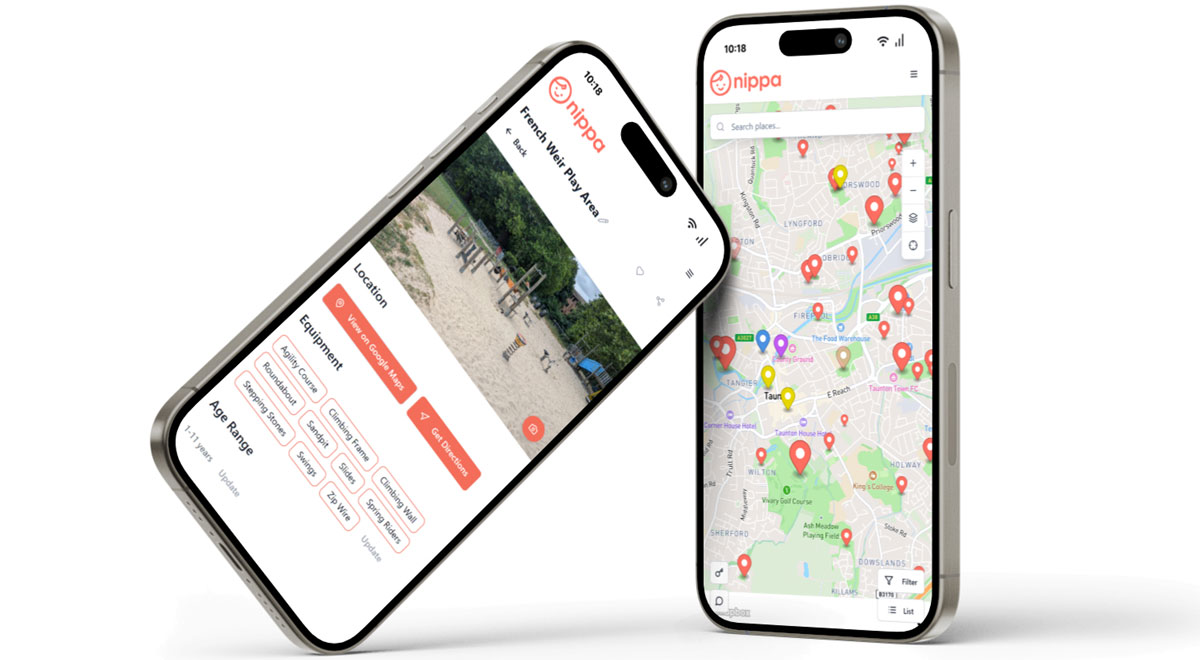 Mobile mockups of the Nippa app, showing map and activity detail pages